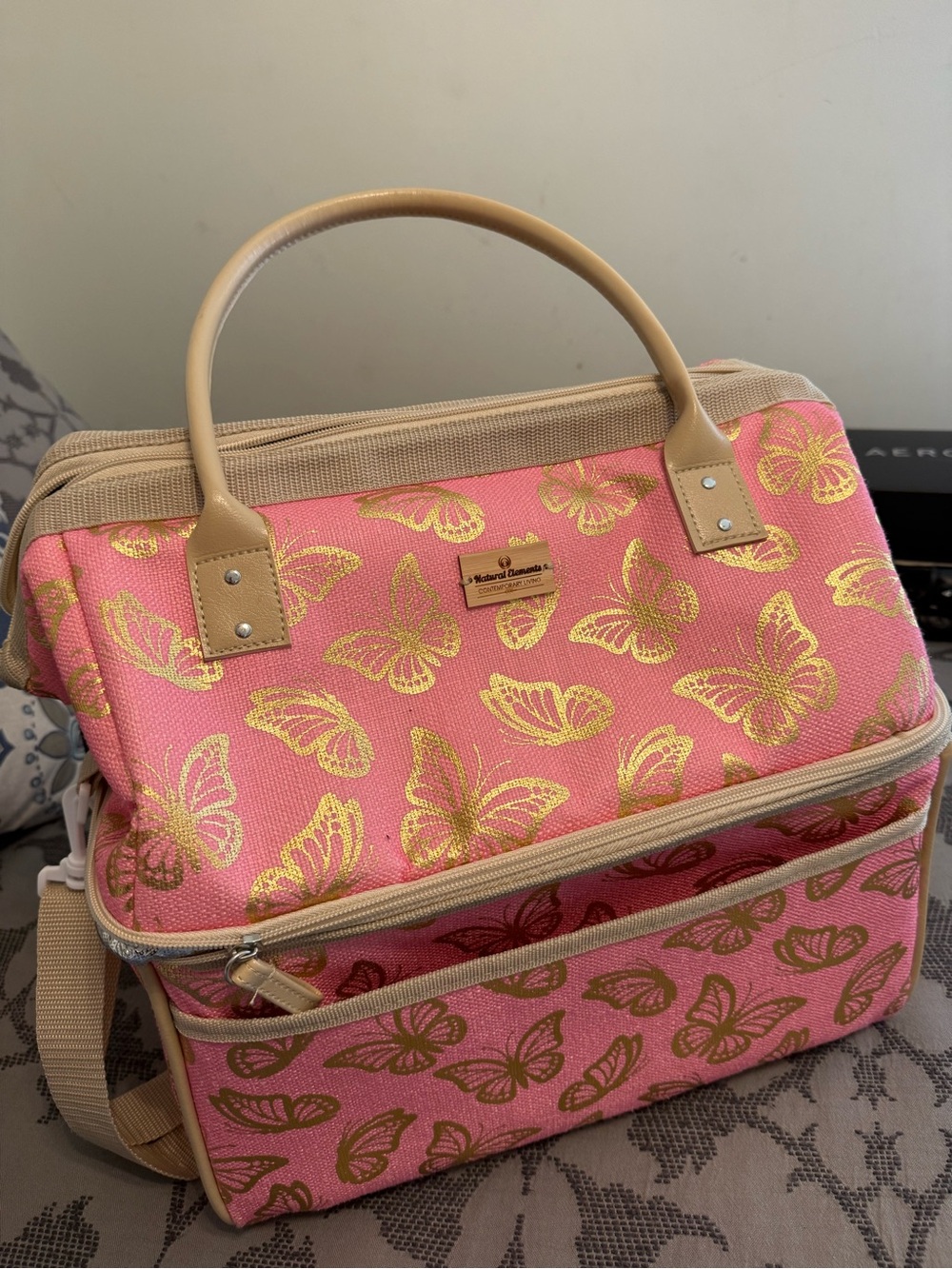 NATURAL ELEMENTS Large 2-Compartment Cooler- Fun Gold Butterfly Print on Pink